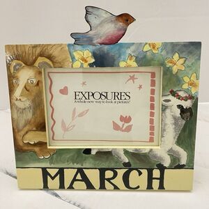 Vtg Exposures HandPainted "March" Months of the Year 4X6 Picture Frame Lion Lamb